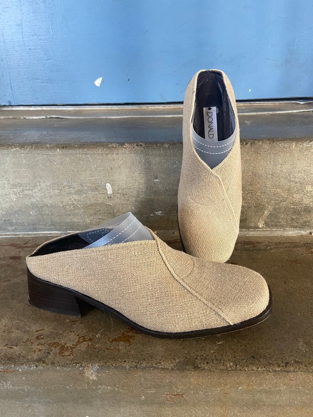 Donald J Pliner light tan textile upper block heel mules